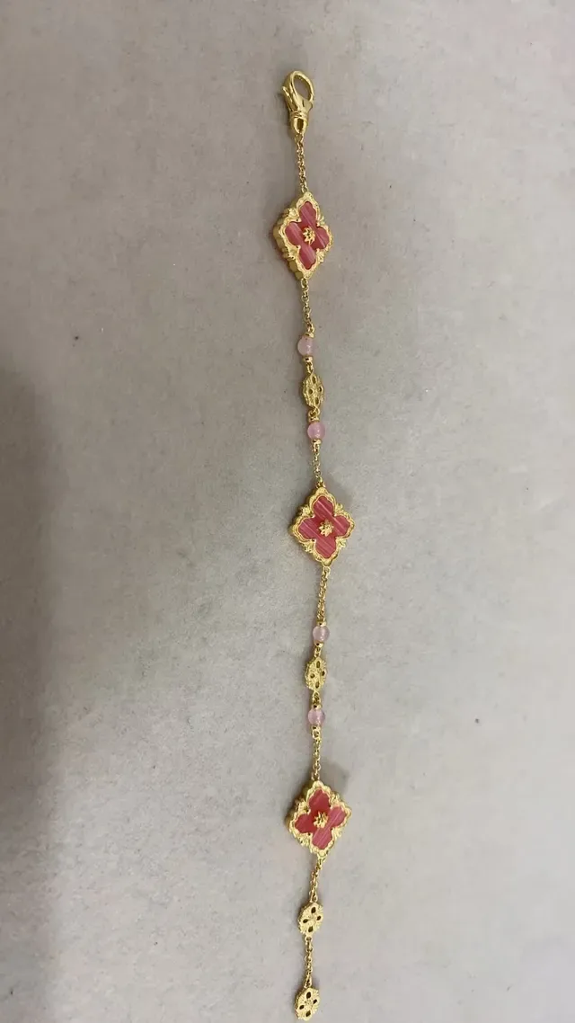 Gold-Tone Quatrefoil Floral Pink Enamel Chain Bracelet 3