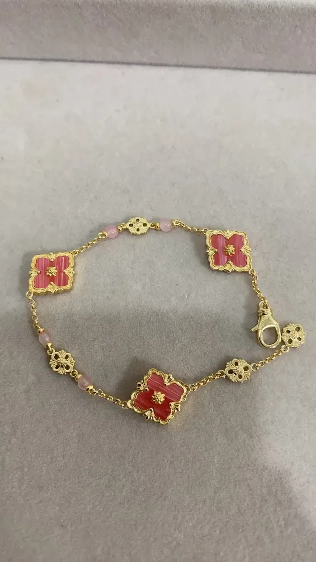 Gold-Tone Quatrefoil Floral Pink Enamel Chain Bracelet 4