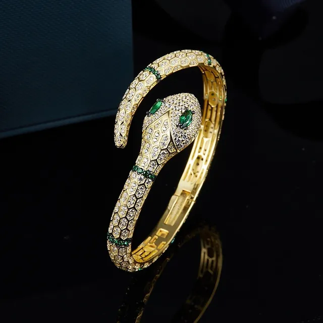 Gold-Tone Snake Motif Pavé Crystal and Emerald Bracelet 5