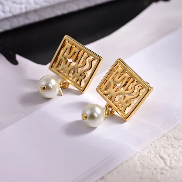 Gold-Tone Square Openwork Pearl Drop Earrings 2