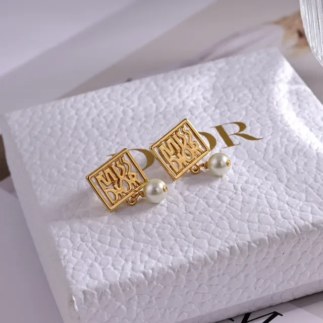 Gold-Tone Square Openwork Pearl Drop Earrings 3