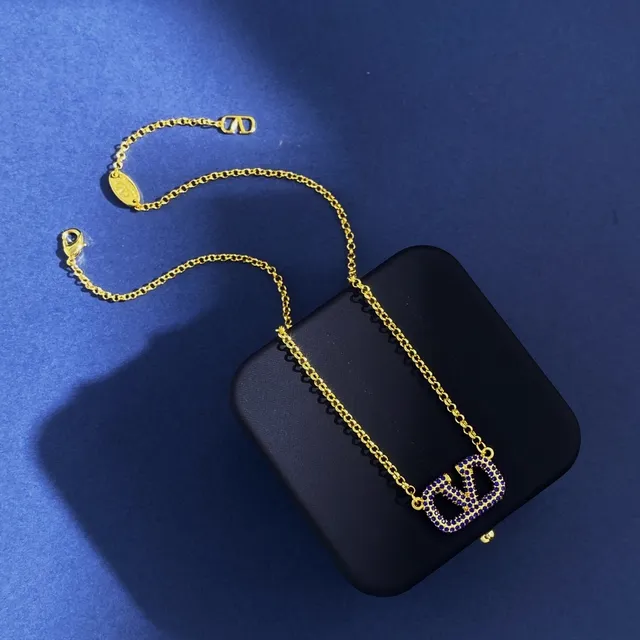 Gold-Tone V Monogram Pavé Blue Stone Necklace 2
