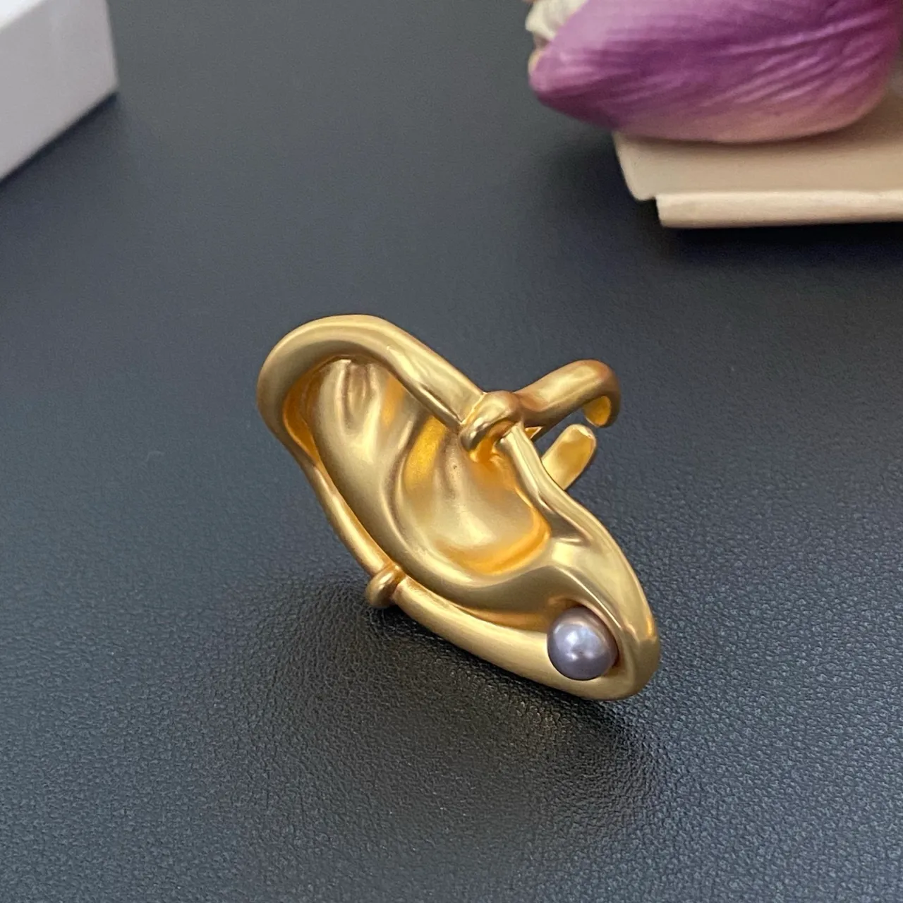 Gold White Sculptural Ear Silhouette Polished Metal Brooch 5