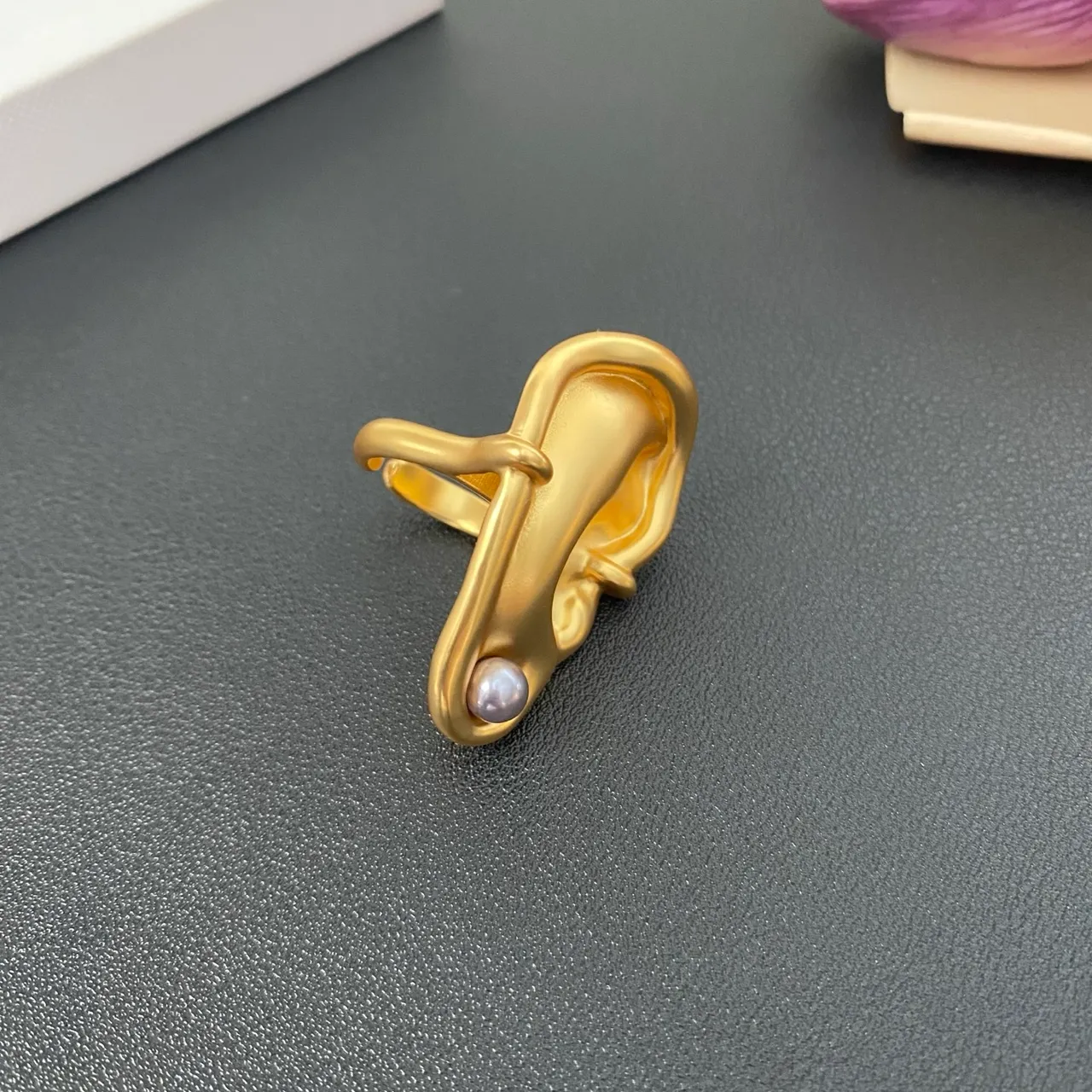 Gold White Sculptural Ear Silhouette Polished Metal Brooch 6