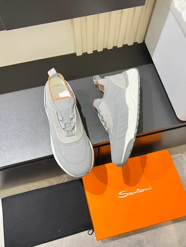Gray Orange Knit Upper Layered Synthetic Overlays Sneakers 4