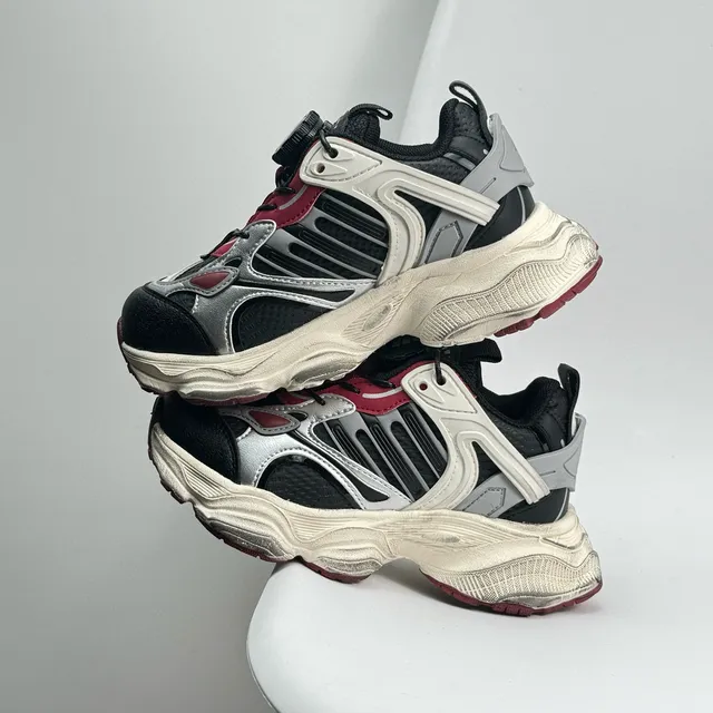 Gray Red Oversized Sole Layered Synthetic Overlays Chunky Sneakers 6