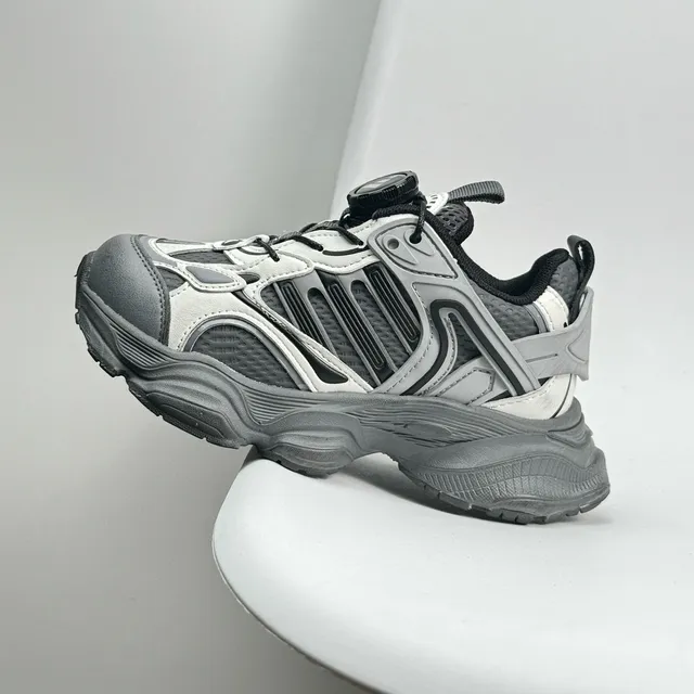 Gray Red Oversized Sole Layered Synthetic Overlays Chunky Sneakers 16