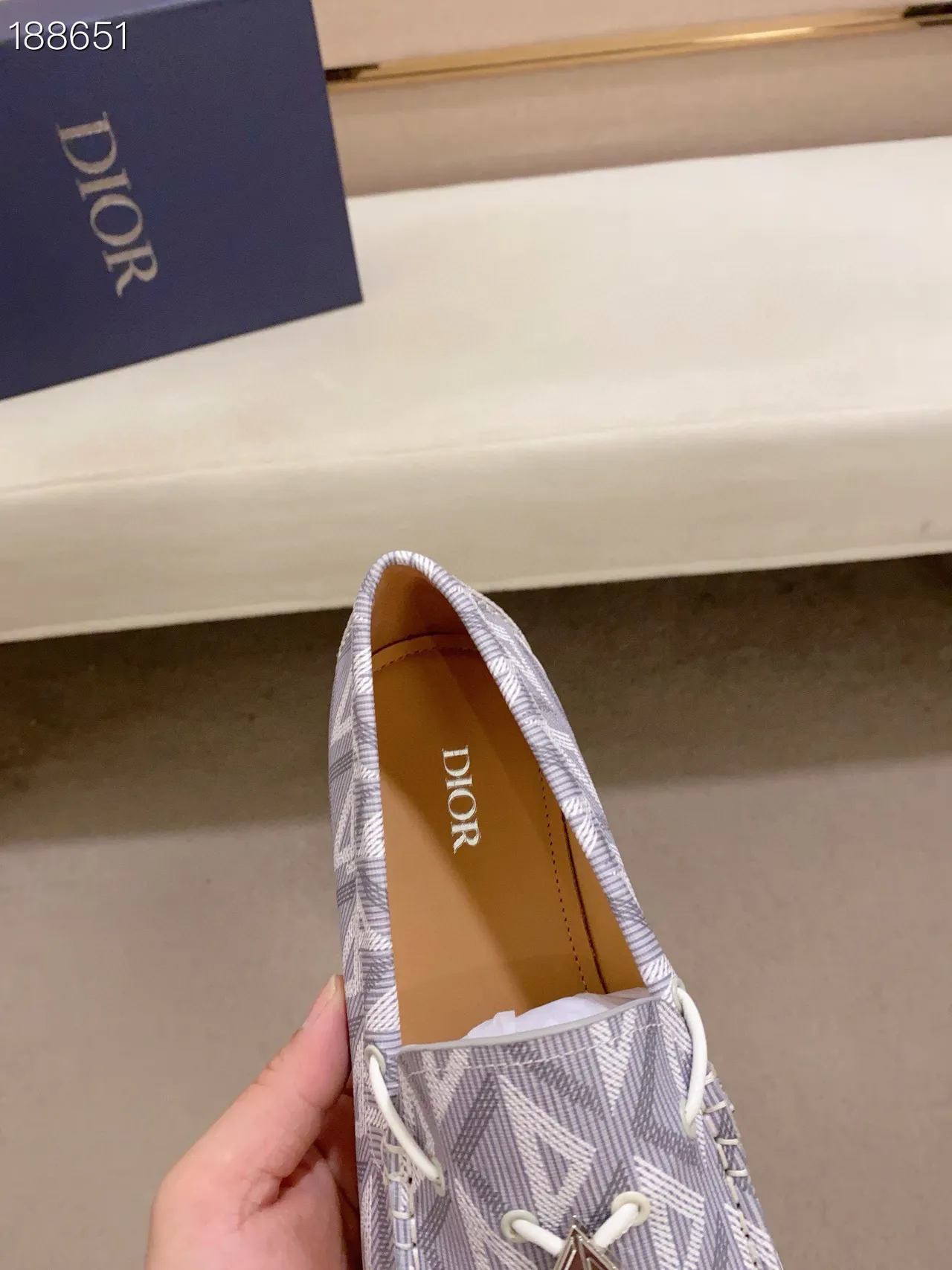 Gray White Geometric Monogram Print Moc-Toe Stitching Loafer 6