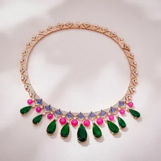 Green Pink Geometric Pavé Collar Multi-Gem Teardrop Pendant Drops Necklace