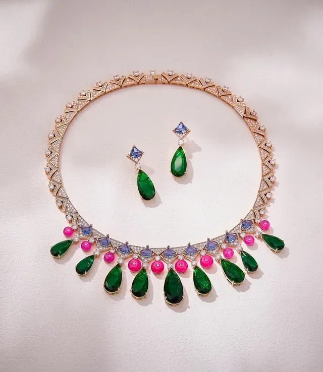 Collier Vert et Rose Géométrique Pavé Collar Multi-Gem Teardrop Pendant Drops 2