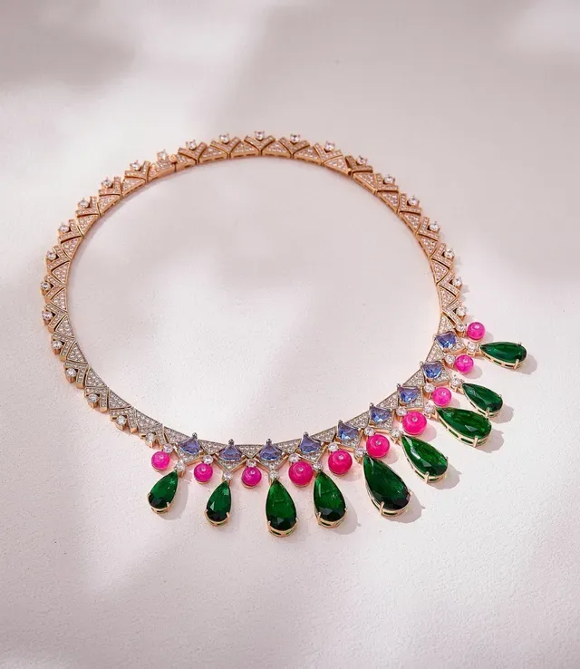 Collier Vert et Rose Géométrique Pavé Collar Multi-Gem Teardrop Pendant Drops 5