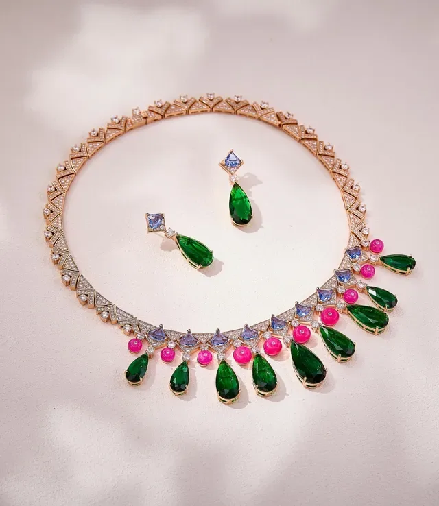 Collier Vert et Rose Géométrique Pavé Collar Multi-Gem Teardrop Pendant Drops 6