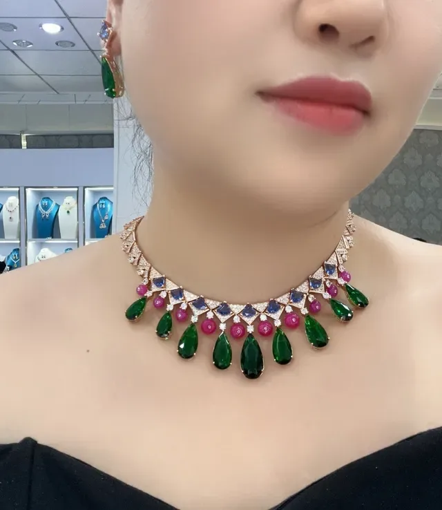 Collier Vert et Rose Géométrique Pavé Collar Multi-Gem Teardrop Pendant Drops 8