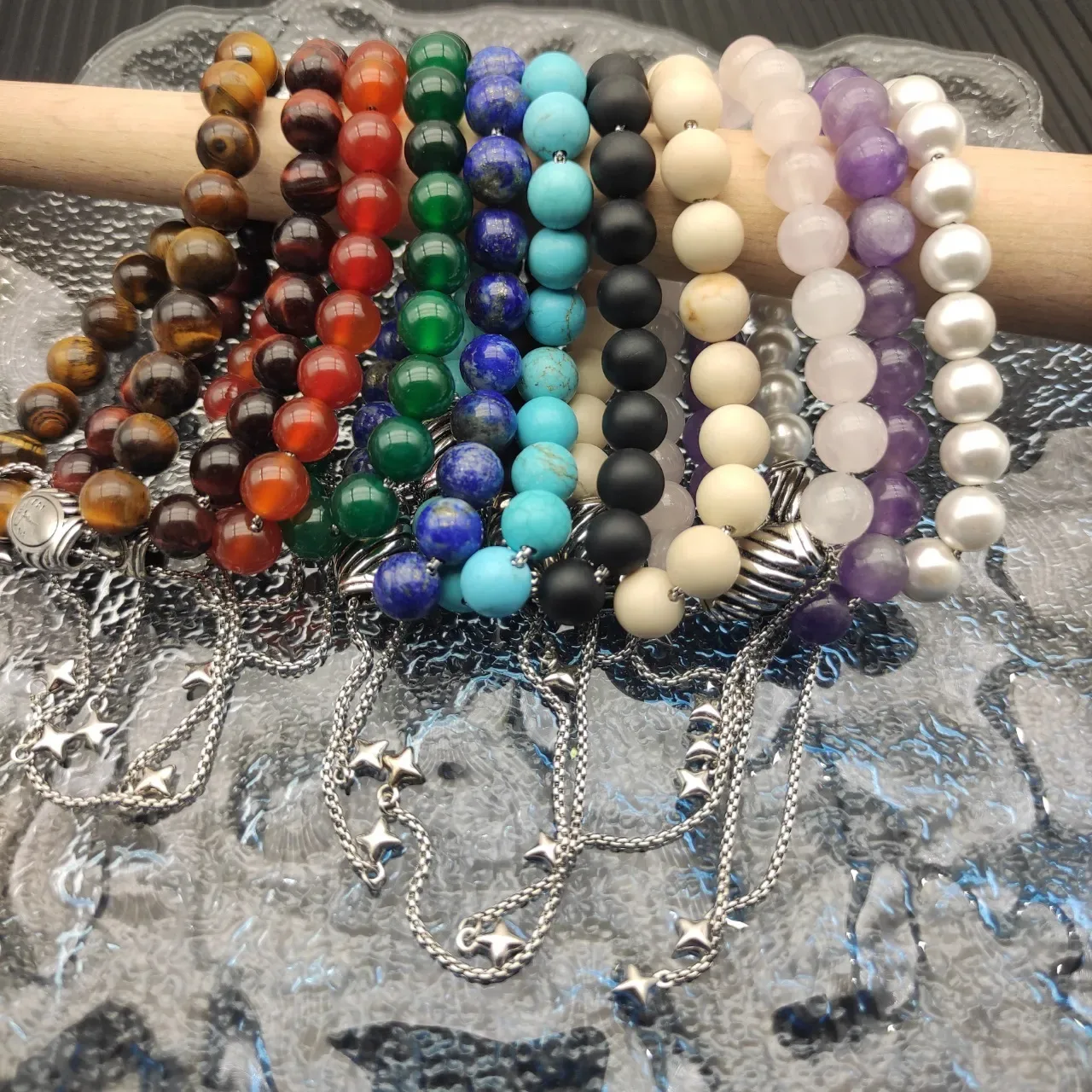 Green Silver Stone Beads Barrel Clasp Bracelet 2