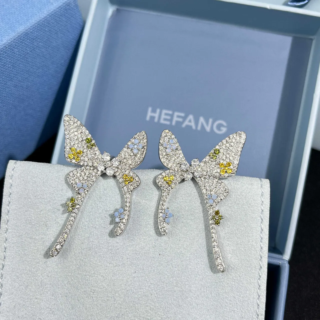 HEFANG Butterfly Pavé Crystal Multicolor Floral Earrings 1