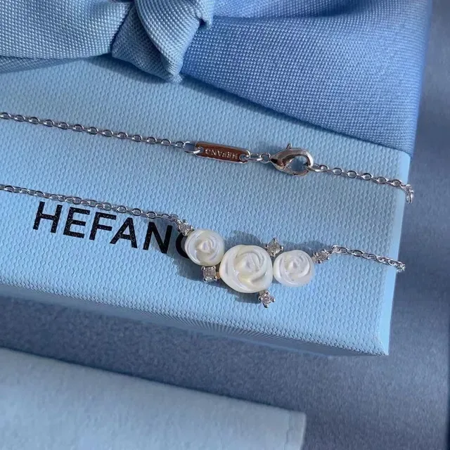 HEFANG Carved Shell Rose Crystal Bar Necklace 9