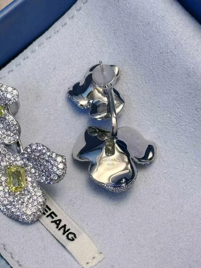 HEFANG Floral Double-Tier Pavé Crystal and Yellow Gem Stud Earrings 6