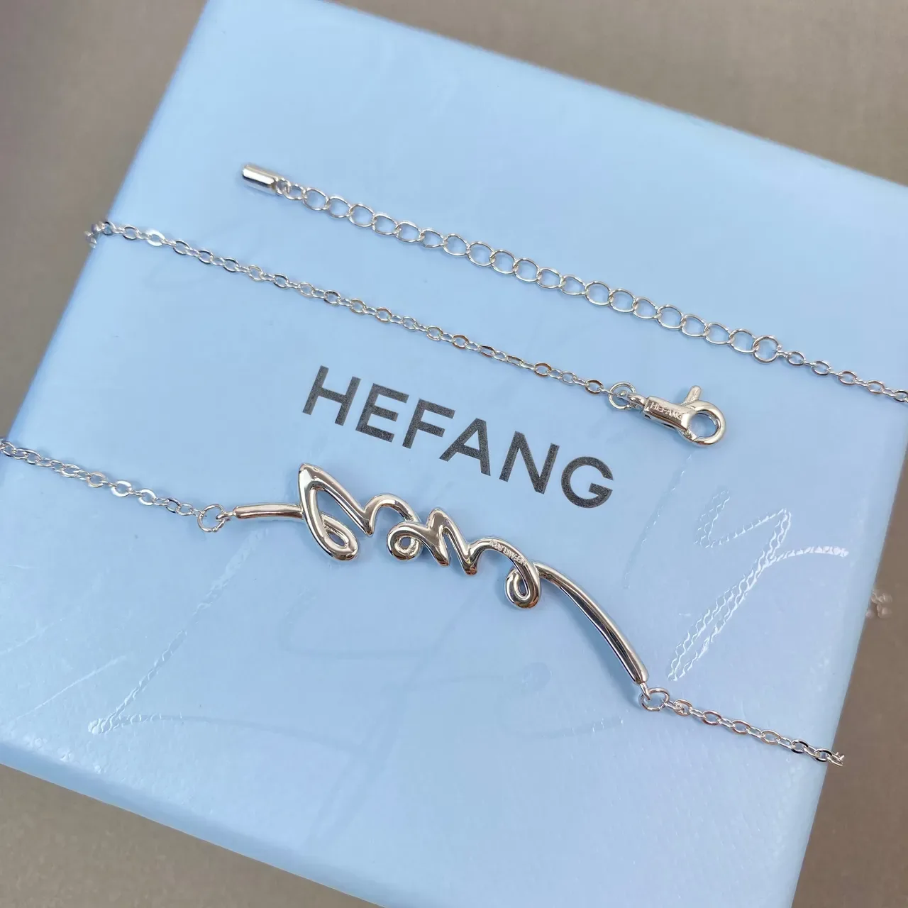 HEFANG Love Script Silver White Pavé-Set Cursive Fine Link Chain Necklace 3