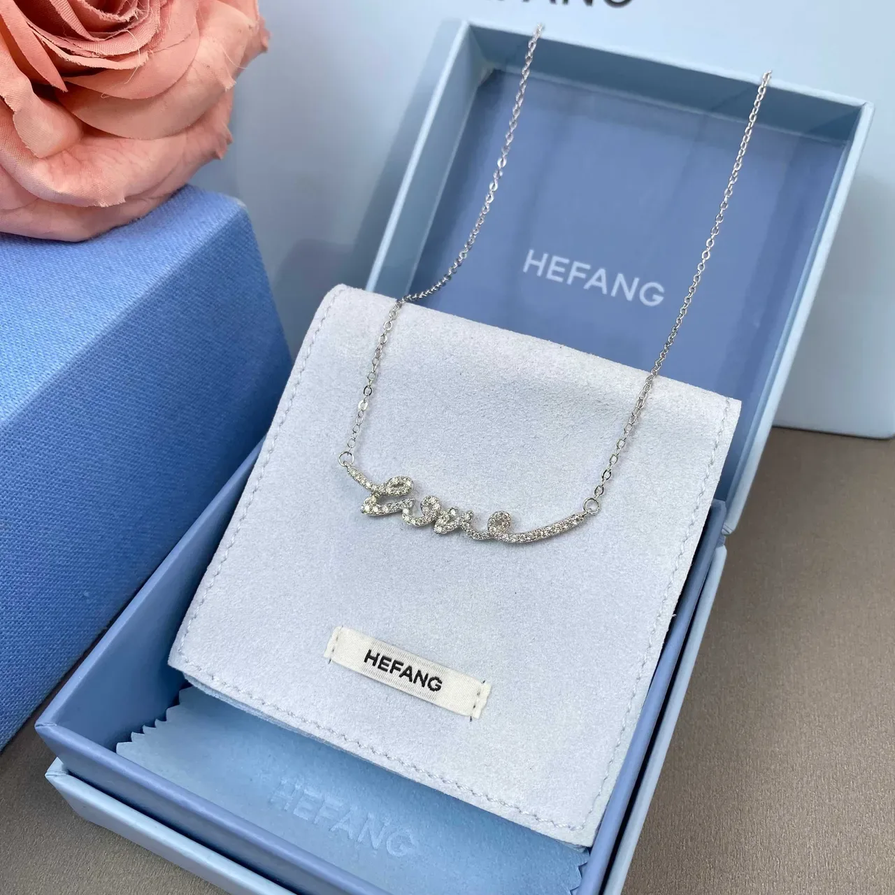 HEFANG Love Script Silver White Pavé-Set Cursive Fine Link Chain Necklace 4