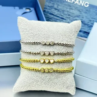 HEFANG Pulsera de Cadena de Bolitas Plateada y Dorada con Acentos de Piedras en Forma de Corazón
