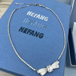 HEFANG Colar Corrente Prata Branca Cristal Encrustado Laço Madrepérola