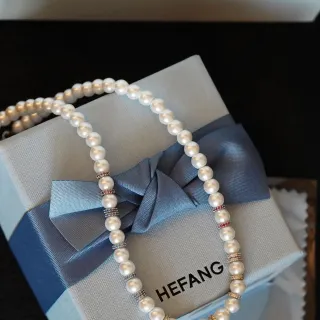 HEFANG White Blue Pearl Strand Multi-Tone Metal Spacers Necklace