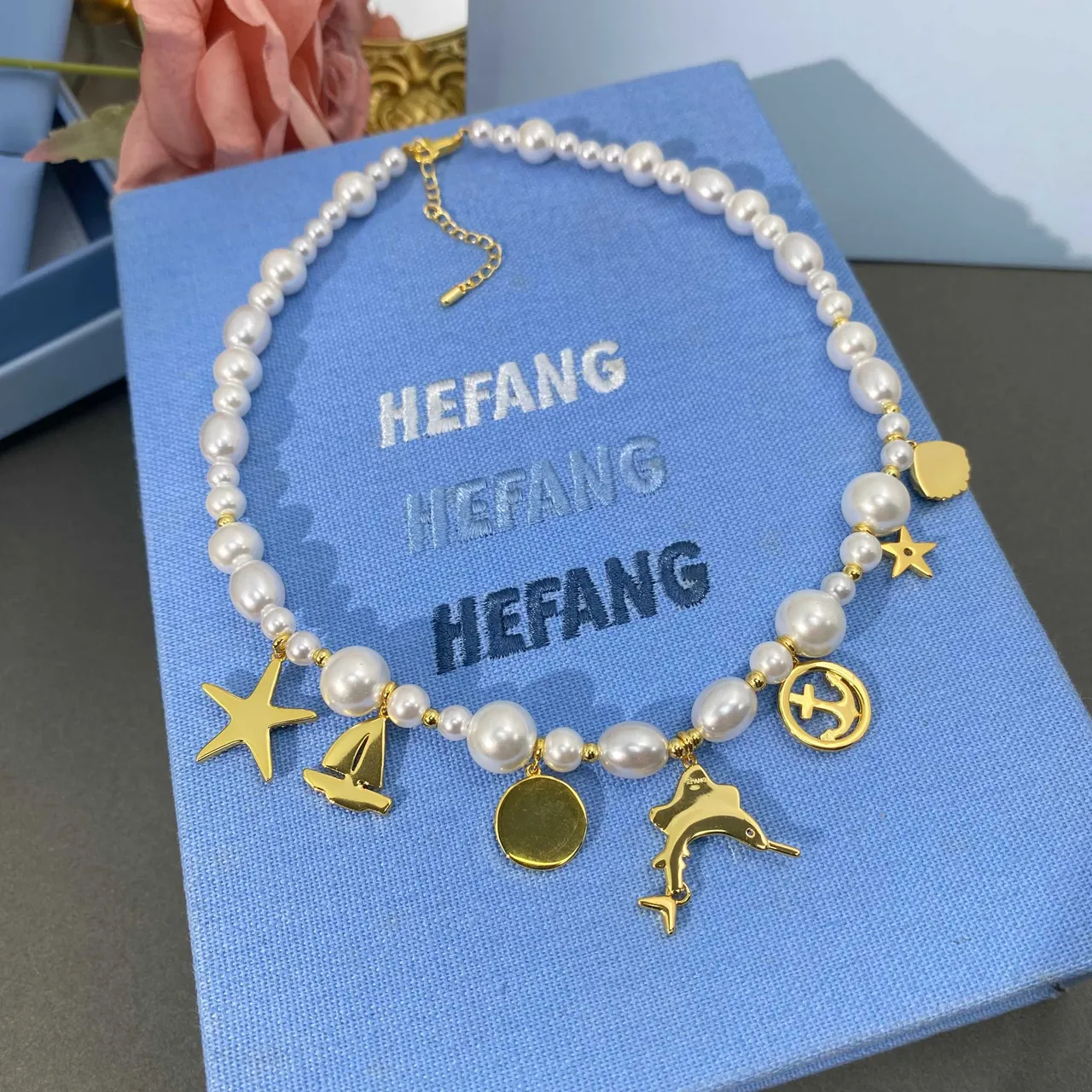 HEFANG White Gold Pearl Strand Nautical Charms Necklace 6