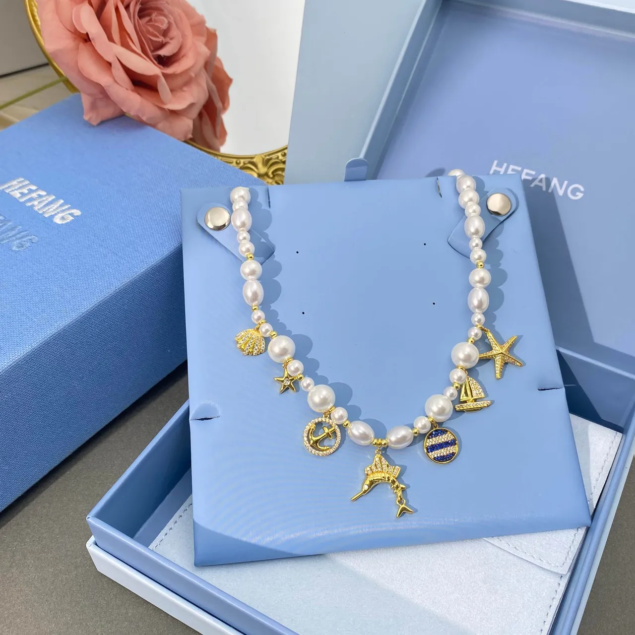 HEFANG White Gold Pearl Strand Nautical Charms Necklace 8