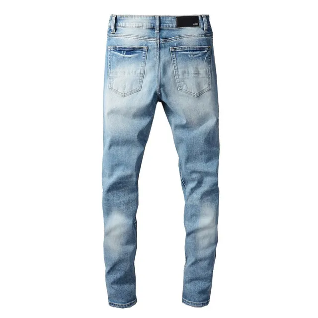 Light-Wash Distressed Slim-Fit Embroidered Patch Jeans 7