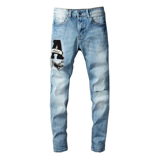 Light-Wash Distressed Slim-Fit Embroidered Patch Jeans 15