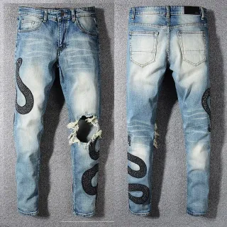 浅洗 distressed snake 刺绣 slim-fit 牛仔裤