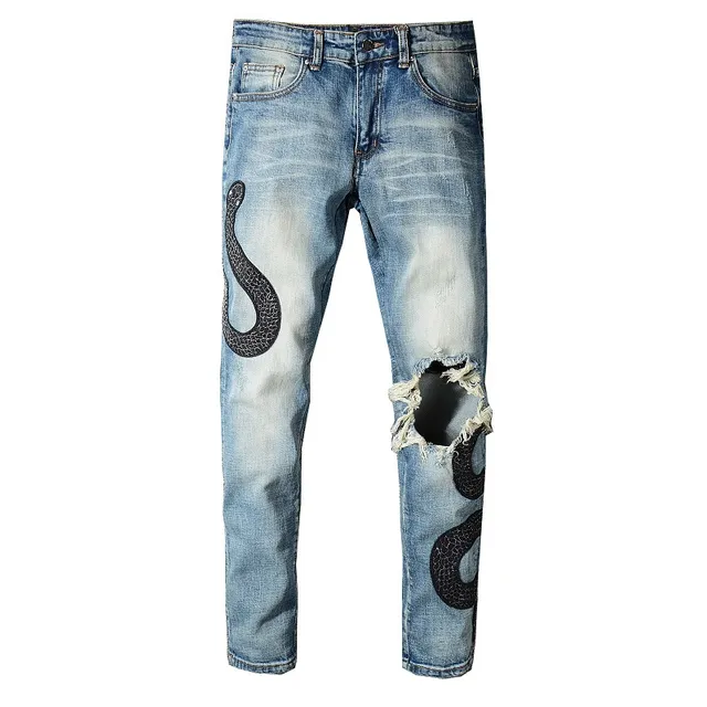 浅洗 distressed snake 刺绣 slim-fit 牛仔裤 6