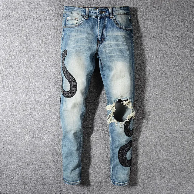 浅洗 distressed snake 刺绣 slim-fit 牛仔裤 7
