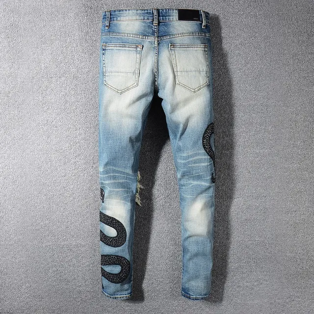 浅洗 distressed snake 刺绣 slim-fit 牛仔裤 12