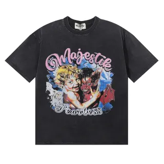 MAJESTIK Distressed Black Graphic Angel Devil Motif T-Shirt