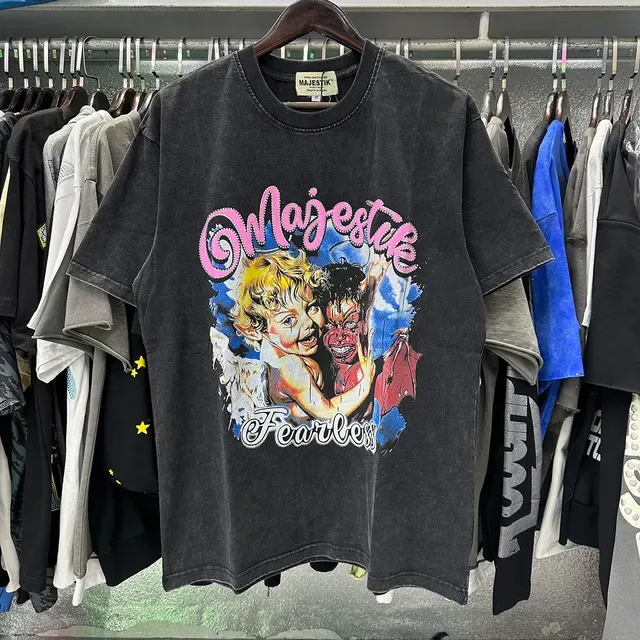 MAJESTIK Distressed Black Graphic Angel Devil Motif T-Shirt 3