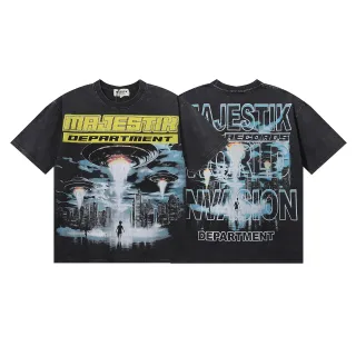 Camiseta MAJESTIK preta oversized distressed com estampa UFO frente e verso