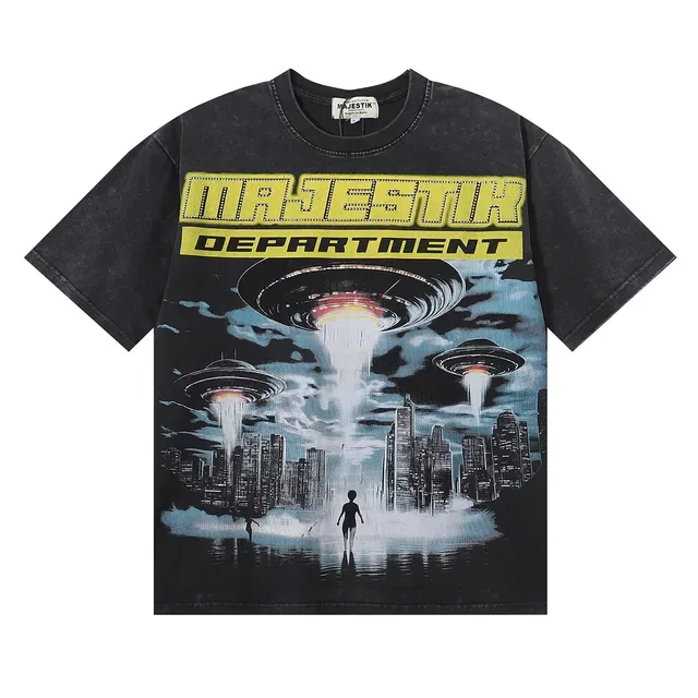 Camiseta MAJESTIK negra oversized distressed con gráfico UFO de doble cara 3