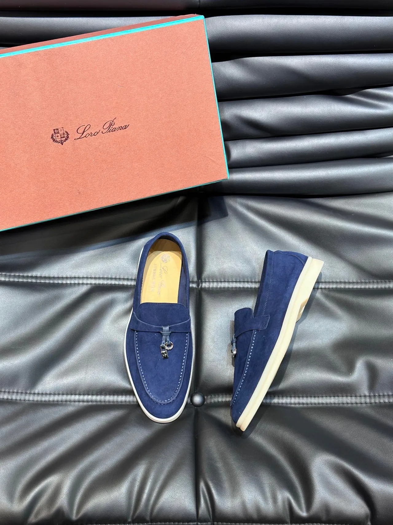 Navy Beige Suede Upper Metal-Accented Strap Loafer 3