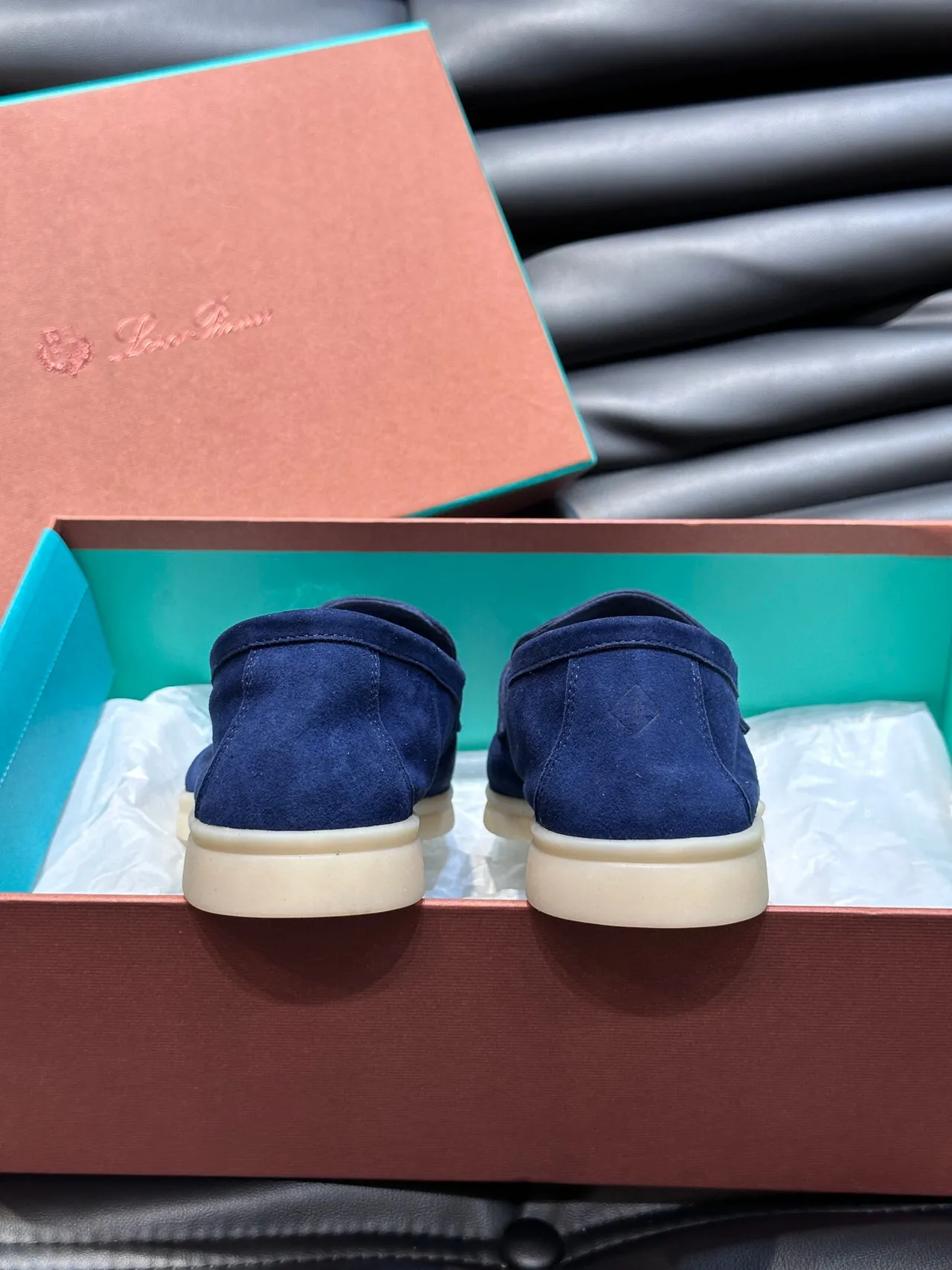Navy Beige Suede Upper Metal-Accented Strap Loafer 7