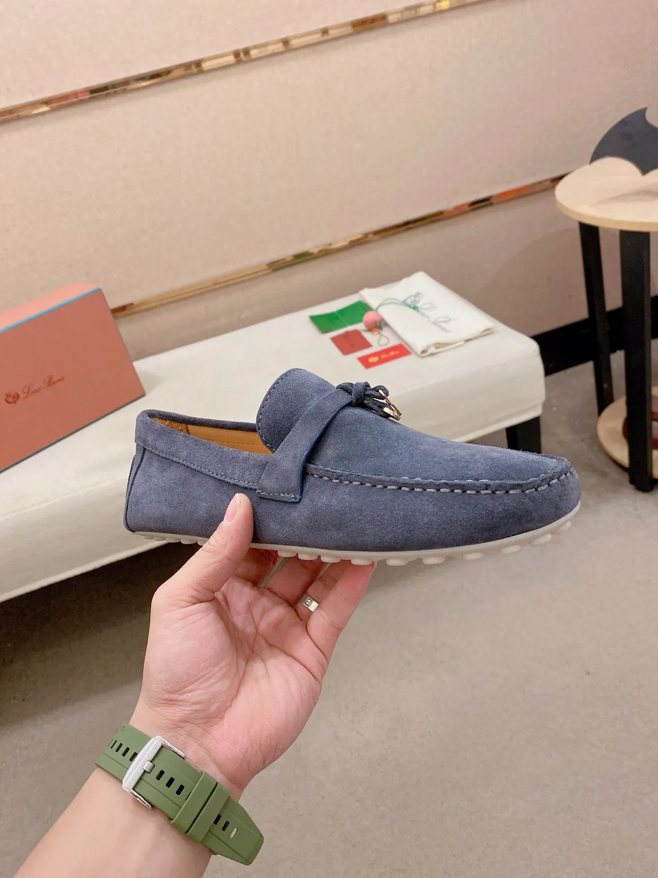 Navy White Suede Upper Moc-Toe Stitching Loafer 4