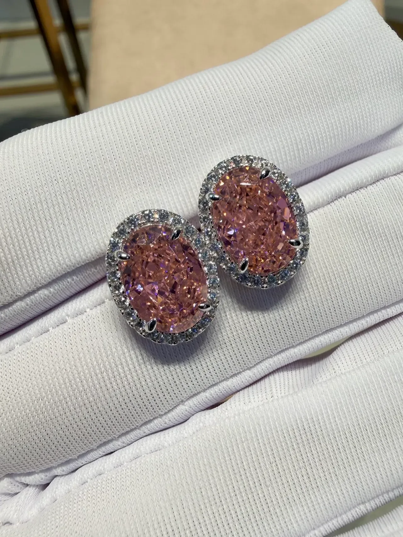 Oval Pink Gemstone Pavé Halo Stud Earrings 2