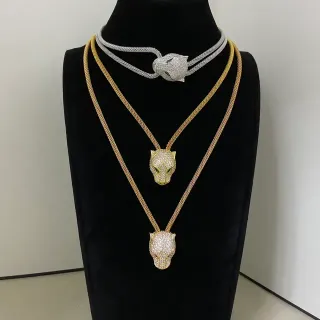 Colliers Layered avec Tête de Panthère, Chaîne Maillée et Pavé
