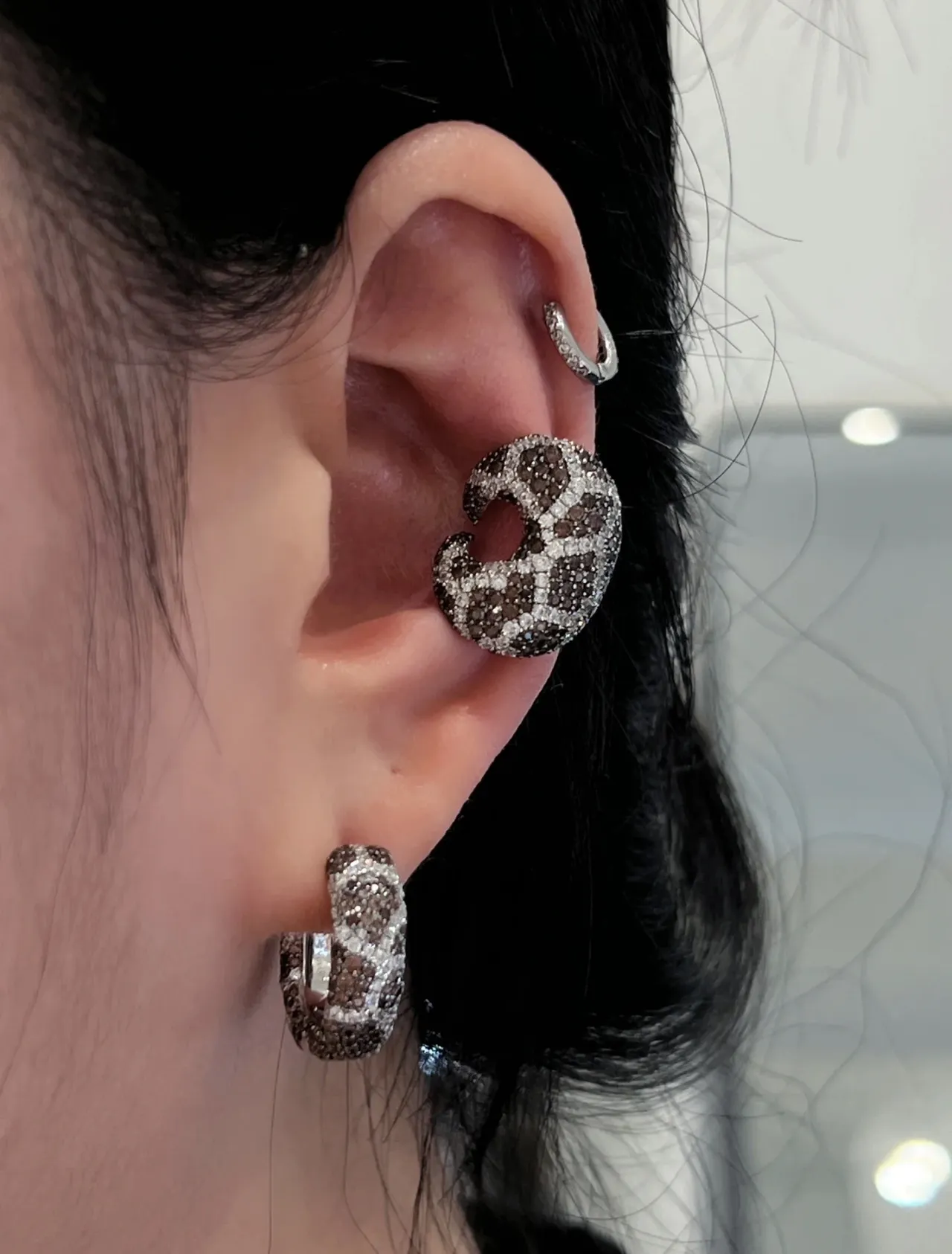 Pavé-Set Black and Silver Hoop Earrings 4