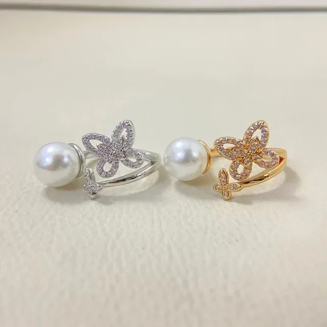 Pearl and Pavé Butterfly Motif Open-Band Rings 3