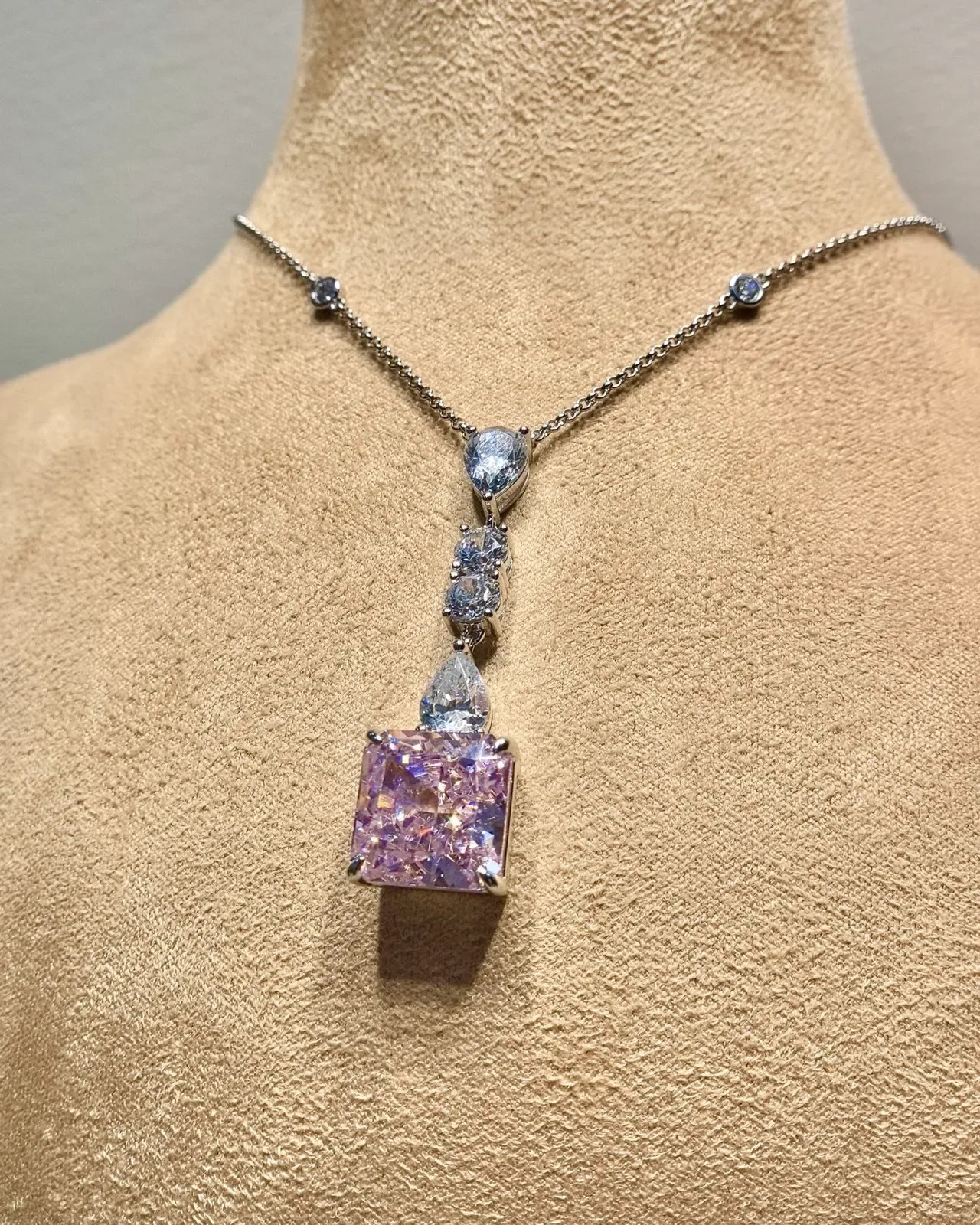 Pink and Clear Multi-Stone Drop Pendant Necklace 3