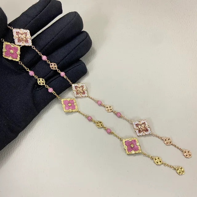 Pink Gold Chain Enamel Quatrefoil Flowers Bracelet 2