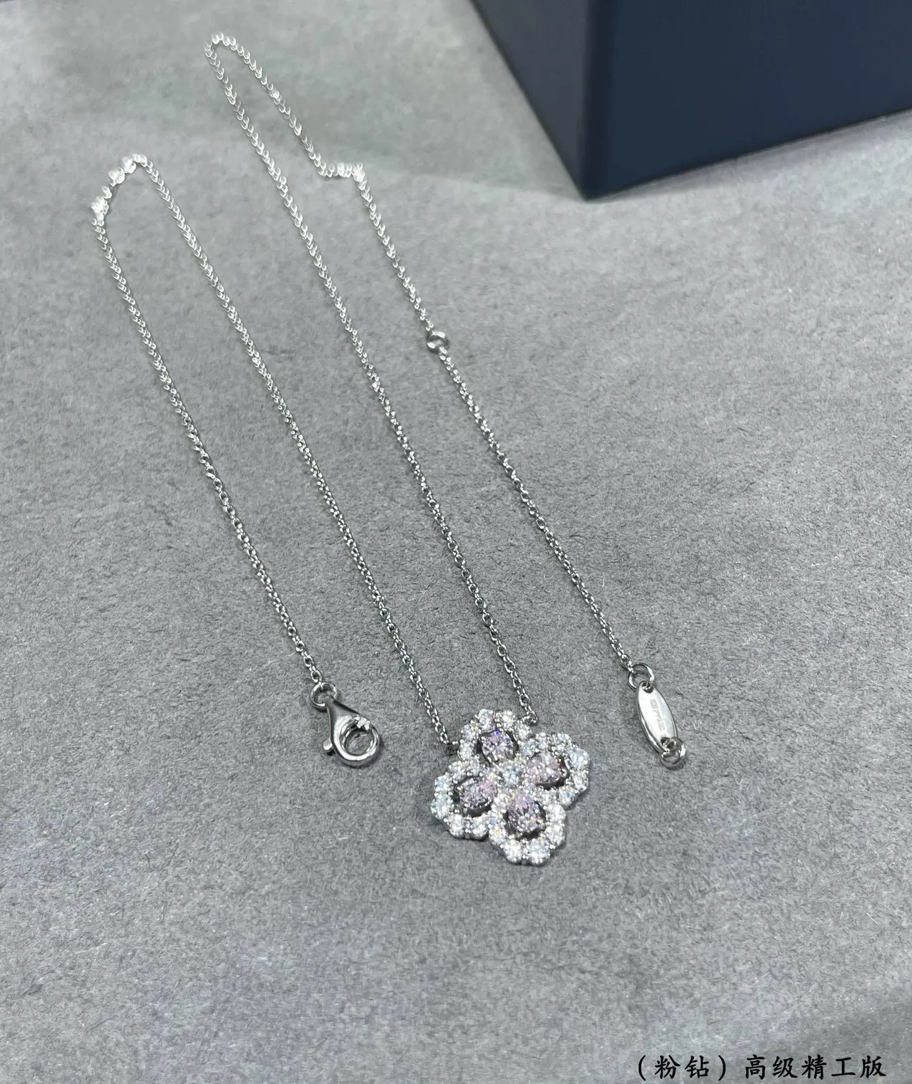 Pink Silver Floral Quatrefoil Pendant Pave-Set Clear Stones Necklace 3