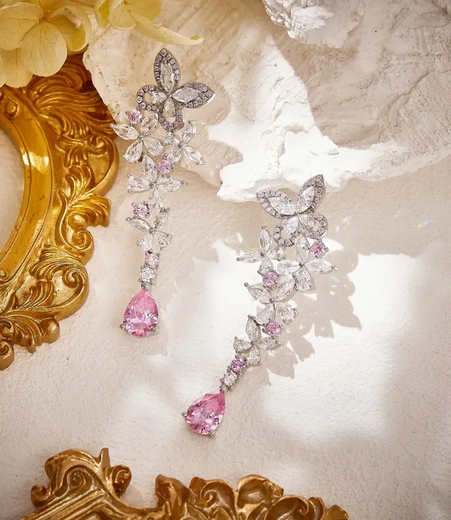 Pink Transparent Floral Motif Dangling Cascade Design Earrings 3