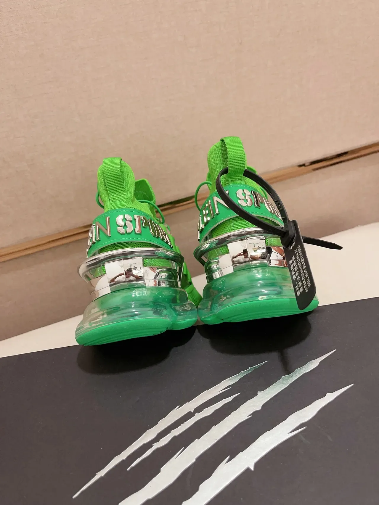 PLEIN SPORT Verde Transparente Tejido Ajuste Calcetín Superior Escultido Ondulado Media Suela Zapatillas 3